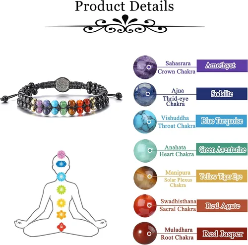 Vista 7 de GEHECRST Pulsera natural de cristal curativo de 7 chakras, cuentas redondas de reiki, pulsera elástica para mujeres y hombres, joyería de yoga