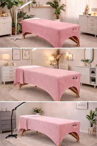 Vista 8 de Funda de terciopelo rosa para mesa de masaje, cama elástica para pestañas y mesa de masaje con corte de pierna y bolsillo, se adapta a mesas de 72 a