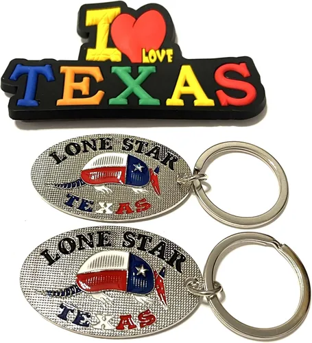 Vista 14 de Juego de 2 llaveros de recuerdo de Texas con imán para nevera con texto en inglés "I Love Texas", Diseño de horizonte de Dallas, Mediana