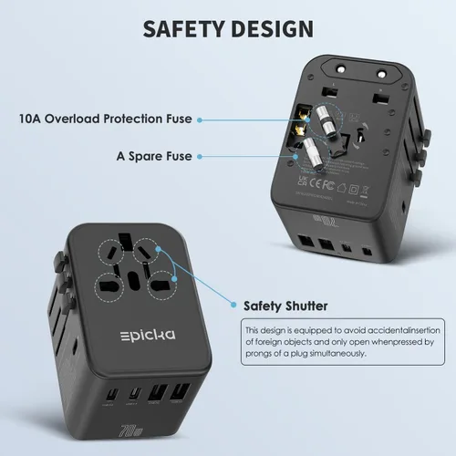 Vista 6 de EPICKA Adaptador de viaje universal, adaptador de enchufe internacional GaN con 3 USB-C de carga rápida PD de 70W y 2 USB-A todo en uno cargador