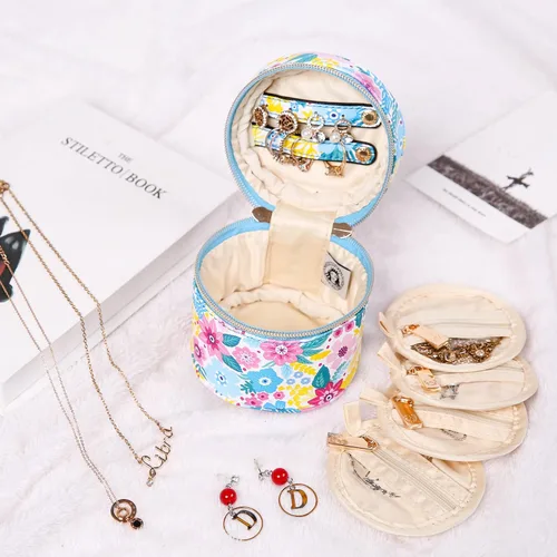 Vista 6 de Angelina's Palace Estuche organizador de joyas redondo Bolsa de viaje Regalos de dama de honor Caja de cuero vegano para collar, aretes, pulsera