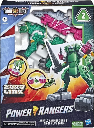 Vista 2 de Power Rangers Dino Fury - Martillo Ankylo rosa y garra de tigre verde, juguetes Zord para niños de 4 años en adelante Zord Link Sistema