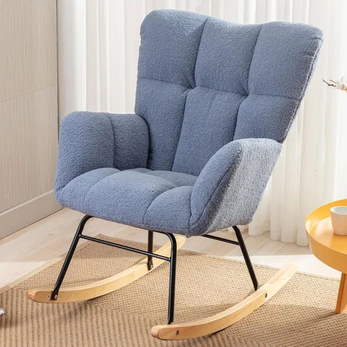 Vista 15 de Silla mecedora moderna para cuarto de bebé, silla deslizadora tapizada con respaldo alto, sillón de acento mecedor con patas de madera maciza