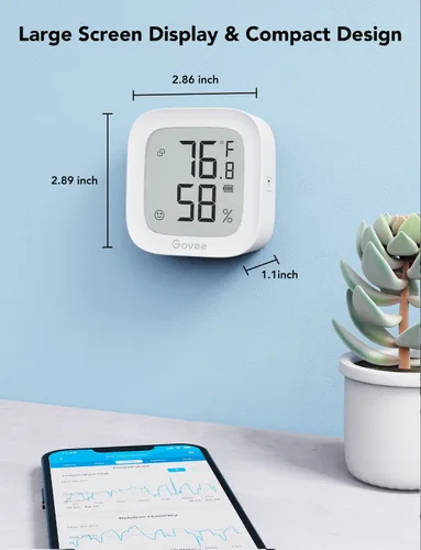 Vista 8 de Govee Termómetro WiFi, higrómetro H5103, sensor de humedad y temperatura Bluetooth para interiores con pantalla de tinta electrónica, alerta