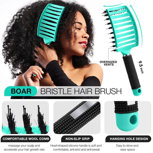Vista 2 de Juego de 2 cepillos para el cabello, cepillos para el cabello para mujeres, hombres y niños, para cabello húmedo y seco, rizado, grueso, fino, Verde