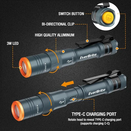 Vista 3 de EverBrite Paquete de 2 mini bolígrafos de luz, linterna recargable de bolsillo con cable USB C, 4 modos de luz, linterna pequeña de 300 lúmenes