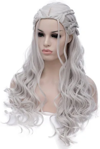 Vista 4 de Daenerys Targaryen - Peluca para Juego de Tronos, Khaleesi, pelucas de cabello largo y rizado ondulado BU121B Plata Gris