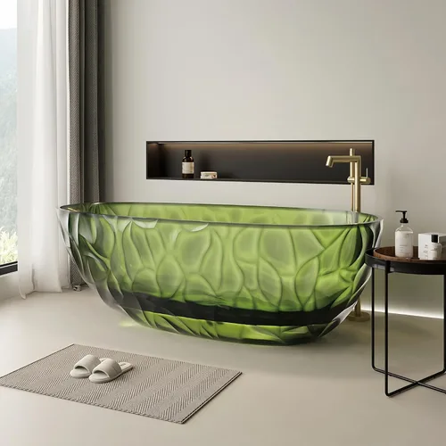 Vista 9 de Bañera independiente transparente de 67 pulgadas – Bañera de superficie sólida de diseño con textura ondulada, bañera de remojo extra profunda