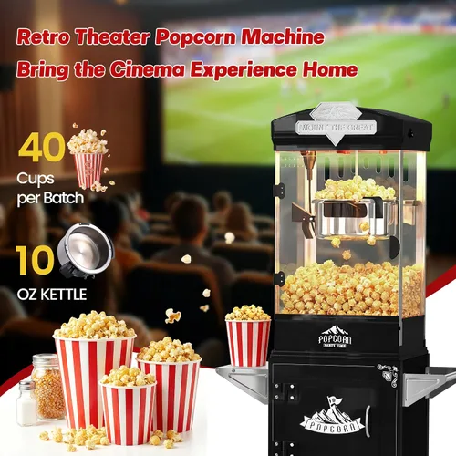 Vista 5 de Máquina de palomitas de maíz, carrito de máquina de palomitas vintage de 10 onzas con ruedas, estilo profesional de cine para hacer hasta 40 tazas