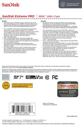 Vista 5 de Sandisk SDSDXXD-128G-ANCIN 128gb Extreme Pro Sd Flsh 200/140mb/s Rw C10 Uhs U3