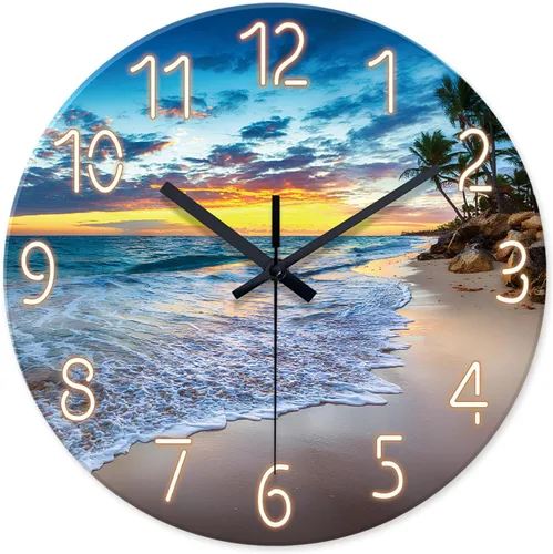 Vista 12 de Reloj de pared de playa con pilas, reloj de pared de vidrio de 12 pulgadas, analógico, sin tictac, relojes de pared azules para dormitorio, sala