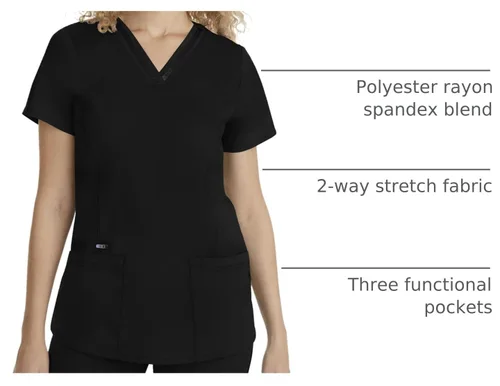 Vista 4 de Healing Hands Camiseta médica para mujer con 3 bolsillos y fácil cuidado, tela elástica de 2 vías 2278 Negro