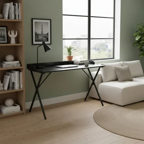 Vista 5 de FurnitureR Escritorio de oficina en casa con deflector, escritorio de estudio de computadora de 47.2 pulgadas con patas de metal en forma de X, mesa