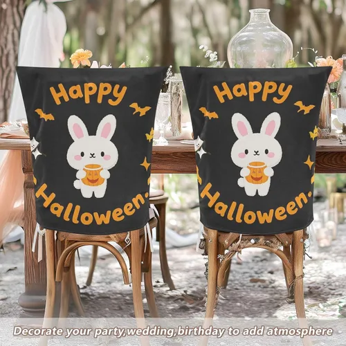 Vista 6 de Juego de 6 fundas decorativas para sillas de comedor con diseño de conejo de dibujos animados de Feliz Halloween, para reuniones familiares, fundas