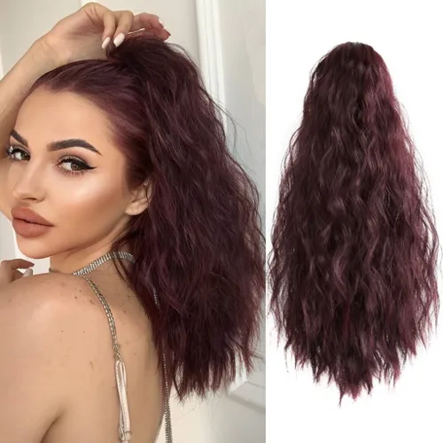 Vista 39 de Extensión de cola de caballo de garra negra natural ondulada de 16 pulgadas, extensiones de cabello sintético rizado con clip, extensiones