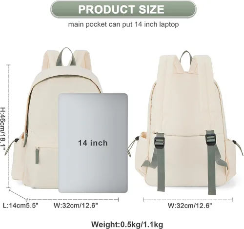 Vista 5 de Mochila ligera Mochila impermeable para estudiantes de secundaria, A-beige Verde, Mochila escolar