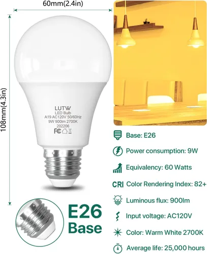 Vista 2 de Bombillas LED A19 E26, 60 W Eqv, 9 W, 2700 K, no regulables, paquete de 6 900 lúmenes, luz blanca cálida, ideal para iluminación de dormitorio