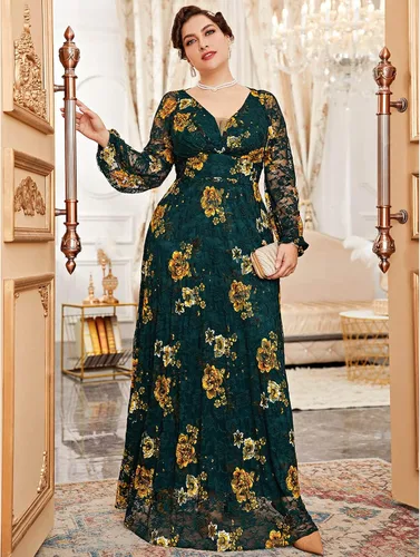 Vista 4 de TOLEEN Vestido de talla grande para mujer, con cuello en V, bordado de rosa, elegante, formal, maxi vestidos