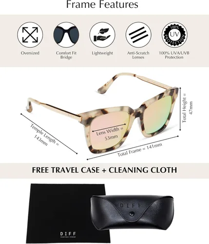 Vista 3 de DIFF Bella Designer - Gafas de sol cuadradas de gran tamaño para mujer, 100% protección UVA/UVB, colores de moda de moda Tortoise