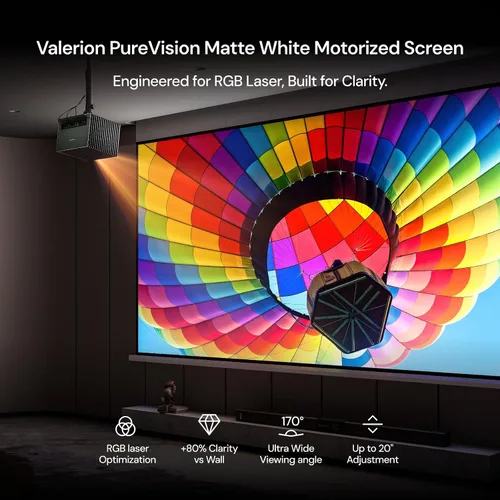 Vista 2 de Valerion Pantalla de proyector motorizada PureVision de 100 pulgadas, reducción de manchas láser, sincronización automática con proyector, listo