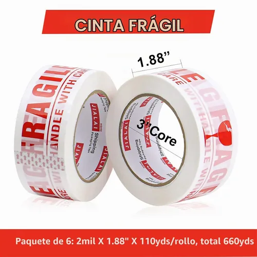 Vista 3 de JIALAI HOME Cinta Frágil Manejar con Cuidado Cinta de Embalaje 6 Rollos, Cinta de Sellado de Cajas de Envío Resistente con Dispensador, 2 Pulgadas x
