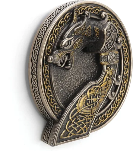 Vista 4 de Veronese Design Sigur Slaying Fafnir - Cuerno vikingo con dragón para montaje en pared, resina fundida en frío, acabado antiguo de brozne