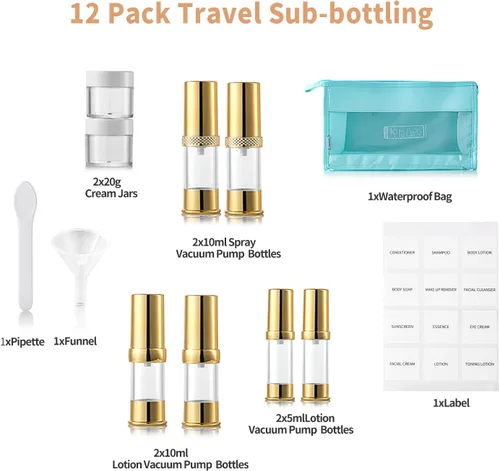 Vista 3 de Juego de viaje con botella de bombeo al vacío dorada sin aire con caja, botella de bombeo al vacío recargable para cosméticos como jabón de manos