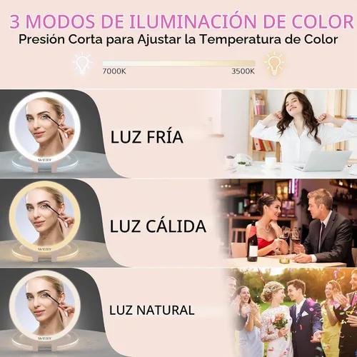 Vista 2 de WEILY Espejo de maquillaje con aumento 10X/1X, espejo de viaje con luz rosado (451-pink)