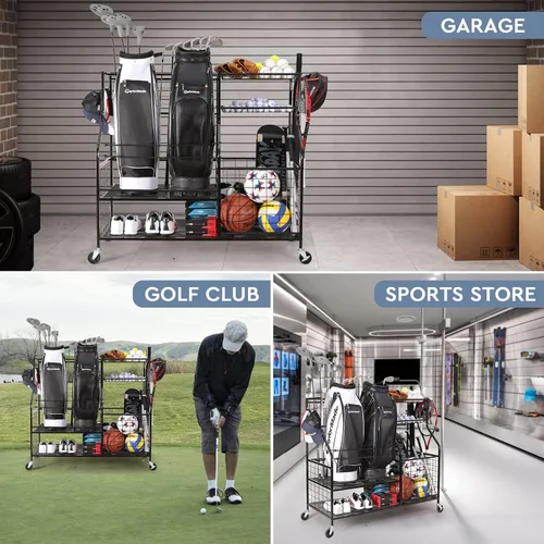 Vista 4 de Organizador de equipo deportivo, almacenamiento deportivo para garaje, estante de almacenamiento de bolsas de golf, soporte organizador de golf