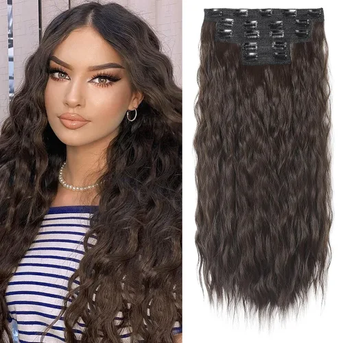 Vista 29 de REECHO Extensiones de cabello con clip, 5 piezas, de 24 pulgadas, de color rubio ceniza, extensiones de cabello con ondas largas y sueltas, HE002