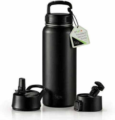 Vista 114 de SIPX™ Botella de Agua Aislada de 18 oz con 3 Tapas – Acero Inoxidable a Prueba de Fugas, Triple Aislamiento – Frío 24 Horas/Caliente 12 Horas – Negro