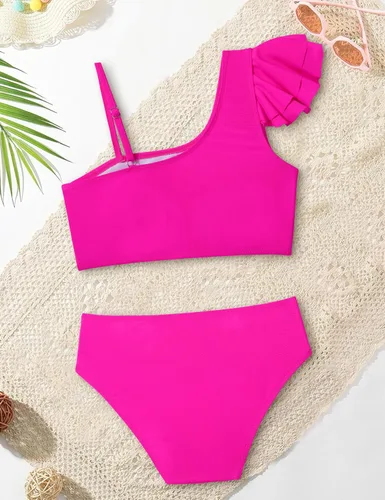 Vista 6 de Doumlop Conjunto de bikini para niñas, traje de baño para niñas con volantes de dos piezas con correa ajustable
