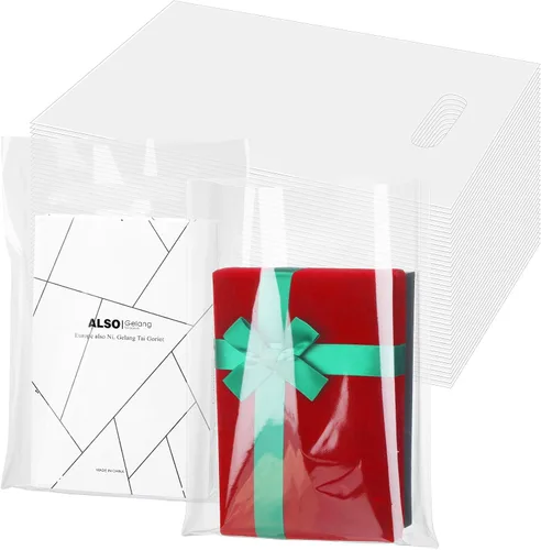 Vista 7 de Sinmoe Paquete de 200 bolsas de plástico con asas para mercancía de plástico a granel con asa troquelada, bolsas de regalo de LDPE para pequeñas