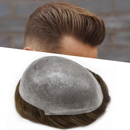 Vista 57 de Tupé de piel ultra fina para hombres pieza de cabello humano real sistema de reemplazo 0.002 in Mens Toupee Hairpiece para hombres V-Loop 8x10 80%