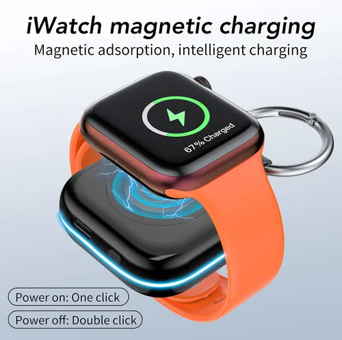 Vista 4 de HUOTO - Cargador portátil para Apple Watch, cargador magnético inalámbrico para iWatch de 1200 mAh, batería externa para viajes, llavero