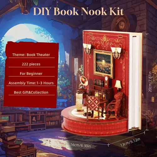 Vista 3 de Book Nook for Adults, Miniature Dolls House, 3D Booknook Puzzle LED Light and Action Figures, Diorama Kit for Bookcase Decoration, Christmas