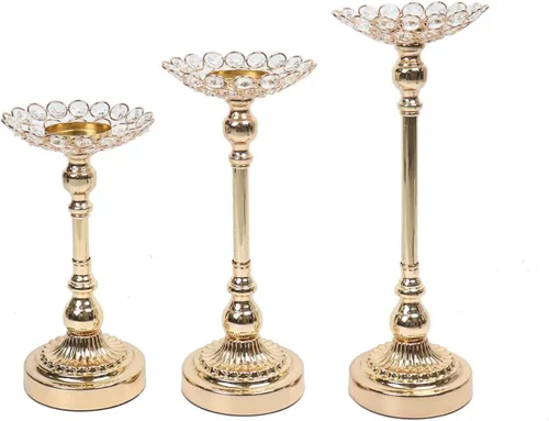 Vista 7 de Efavormart - Juego de 3 portavelas votivas con cuentas de cristal de metal dorado, soportes para velas de té, 11 pulgadas, 13 pulgadas, 15 pulgadas
