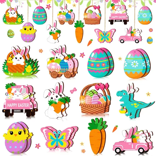 Vista 8 de Marsui 24 adornos de Pascua para árbol, feliz Pascua, adornos colgantes de madera, huevo, conejo, primavera, árbol, gnomo, pollo, rebanadas