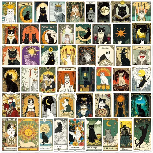 Vista 14 de 50 Calcomanías de Gato Negro de Astrología Tarot - Calcomanías Góticas Medievales de Gatito Bruja Oscura para Portátiles, Botellas de Agua, Álbumes