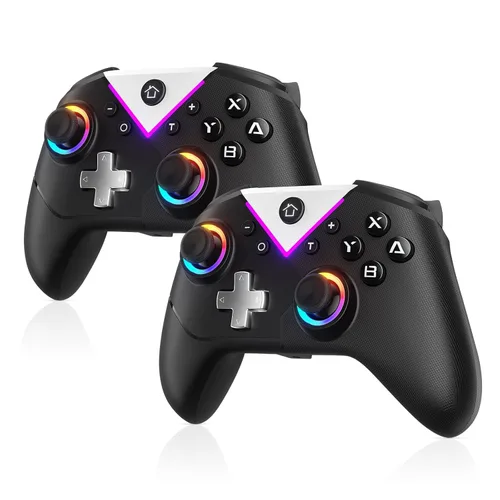 Vista 8 de Dinosoo Paquete de 2 controladores inalámbricos RGB para Nintendo Switch 2/1 Lite/OLED, PC, Gamepad Bluetooth con 6 ejes giroscópicos, 4 motores