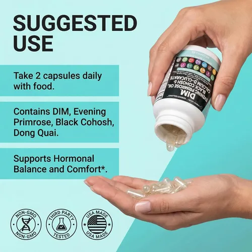 Vista 6 de Clean Nutraceuticals DIM Evening Primrose Black Cohosh Calcio D-Glucarato Sulforafano Extracto de semilla de lino – Vitaminas de apoyo hormonal