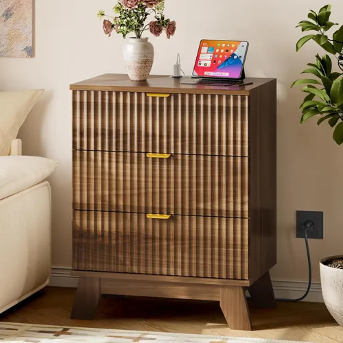 Vista 21 de BORNOON Cómoda acanalada de 3 cajones, 30.3 pulgadas de alto, cómoda bohemia compacta y moderna, armario de almacenamiento de madera