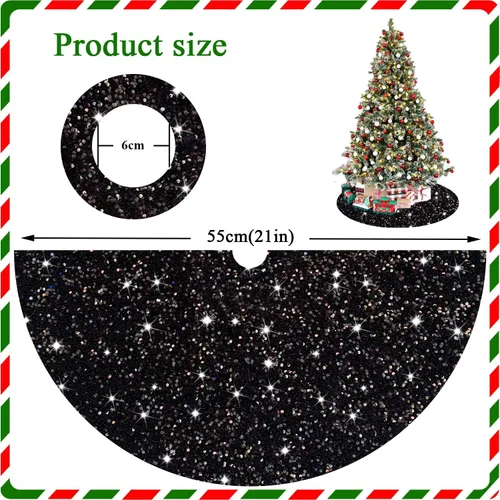 Vista 3 de FANPROMS Falda de Árbol de Navidad Negra de 21 Pulgadas Falda de Árbol de Lentejuelas Única de Terciopelo Faldas Mini de Árbol para Árboles