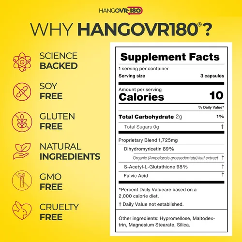 Vista 9 de Hangovr180® Tri-Power Antes de Beber Suplemento de defensa con DHM 1500mg - Apoya la salud del hígado y el cerebro, siéntete más fresco y mejor