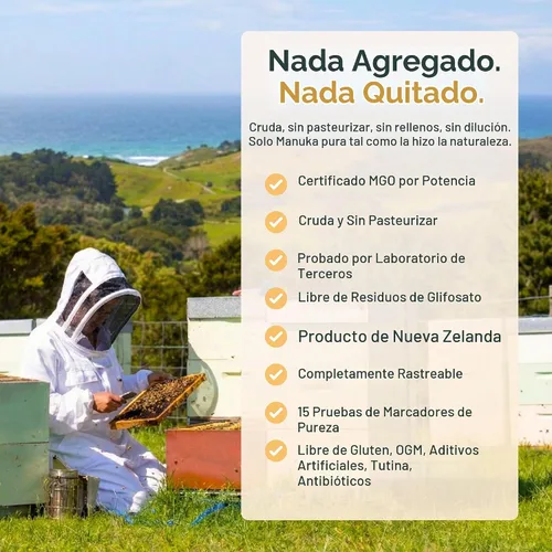 Vista 6 de Miel de Manuka de Nueva Zelanda pura 100% certificada MGO 50+ Miel natural cruda sin pasteurizar Totalmente rastreable, sin OMG, libre
