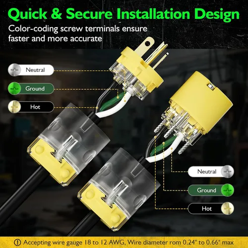 Vista 6 de 1 paquete de extremos de repuesto para cable de extensión de 20 amperios iluminados 120-125 voltios, NEMA 5-20R, 2 polos 3 cables, hoja recta
