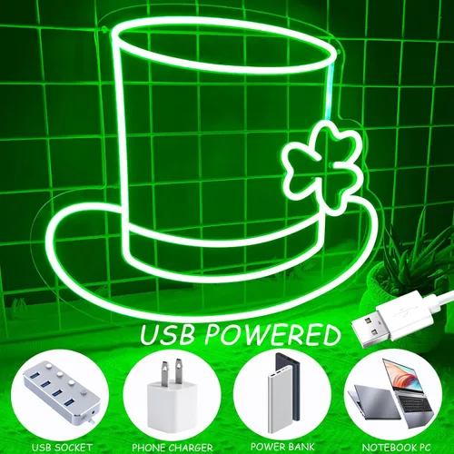 Vista 6 de Letrero LED de trébol de neón con diseño de trébol de San Patricio, color verde claro, sombrero de la suerte, trébol, para decoración de pared