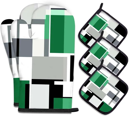 Vista 33 de MCALK Juego de 5 manoplas de horno y soportes para ollas, guantes abstractos para horno y almohadillas calientes para cocina de cocina, manoplas