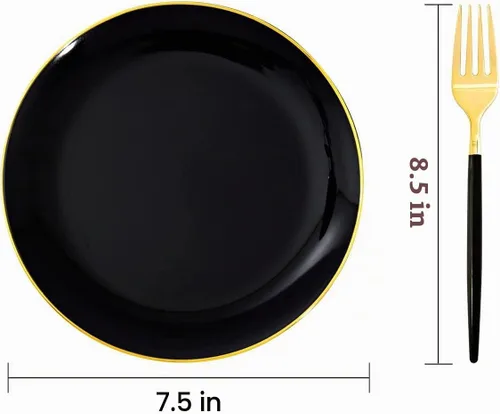 Vista 4 de I00000 Juego de 144 platos de postre negros y dorados, incluye 72 platos de plástico negro y dorado de 7.5 pulgadas y 72 tenedores desechables