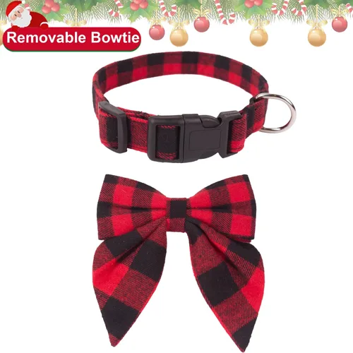 Vista 5 de ADOGGYGO Collar de Navidad para perro con lazo, ajustable de algodón rojo a cuadros, collares de Navidad para perros pequeños, medianos y grandes
